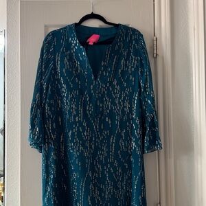 Lilly Pulitzer Elenora Silk Dress Inky Tidal Fish Clip Chiffon Metallic Easter